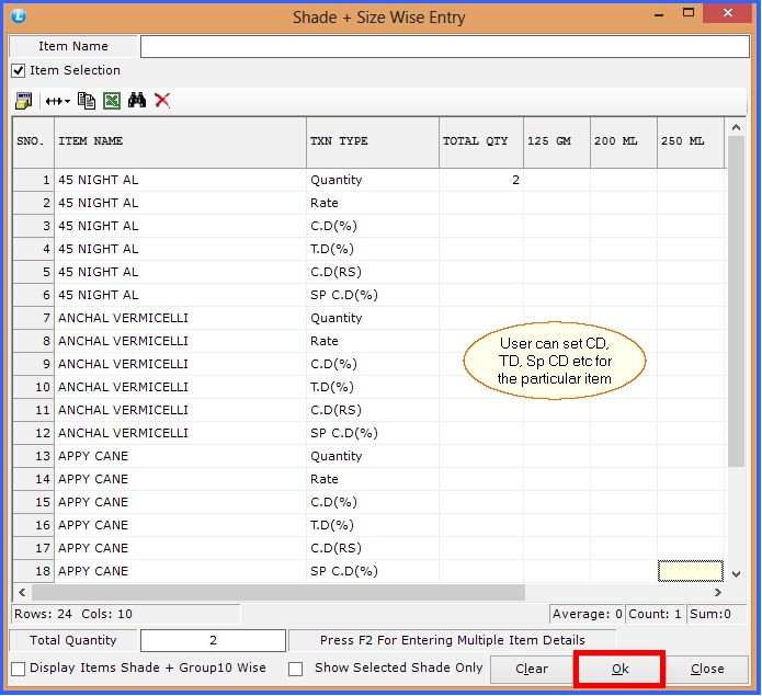 fmcg sale order shade size wise entry